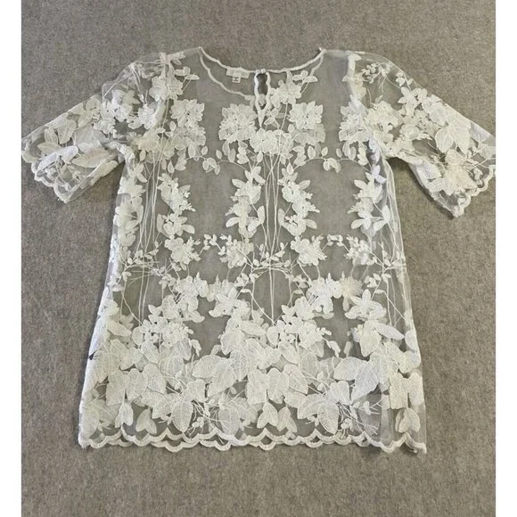 Pol Blouse Womens Small Ivory Sheer Embroidered Shirt Top Floral - Picture 2 of 13